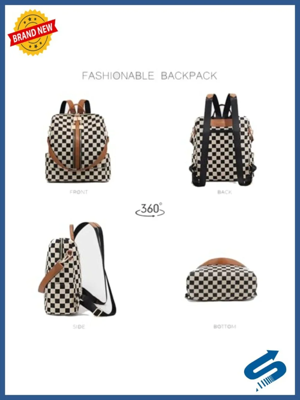 Women's Checkered Leather Backpack with Wallet and Cherry Charm, Multi-Pocket